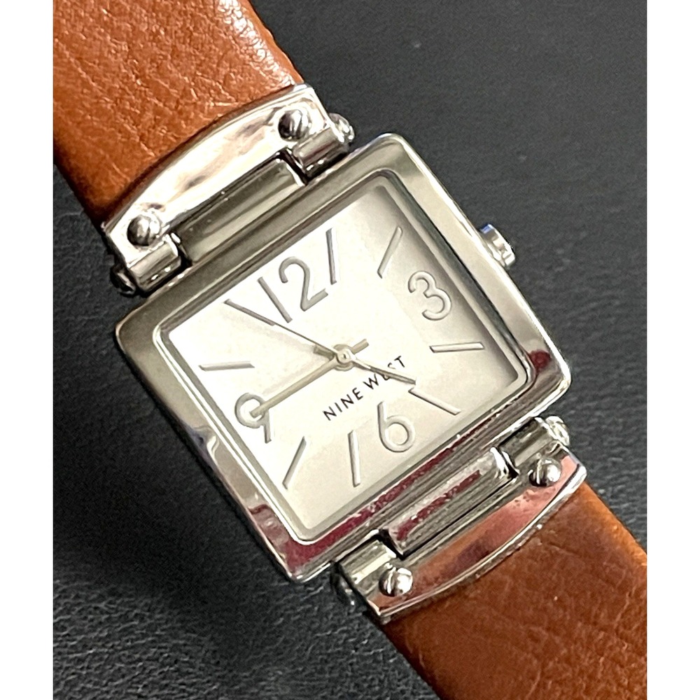Nine West Tank Watch Womens Brown Leather Strap Square Silver Tone Analog